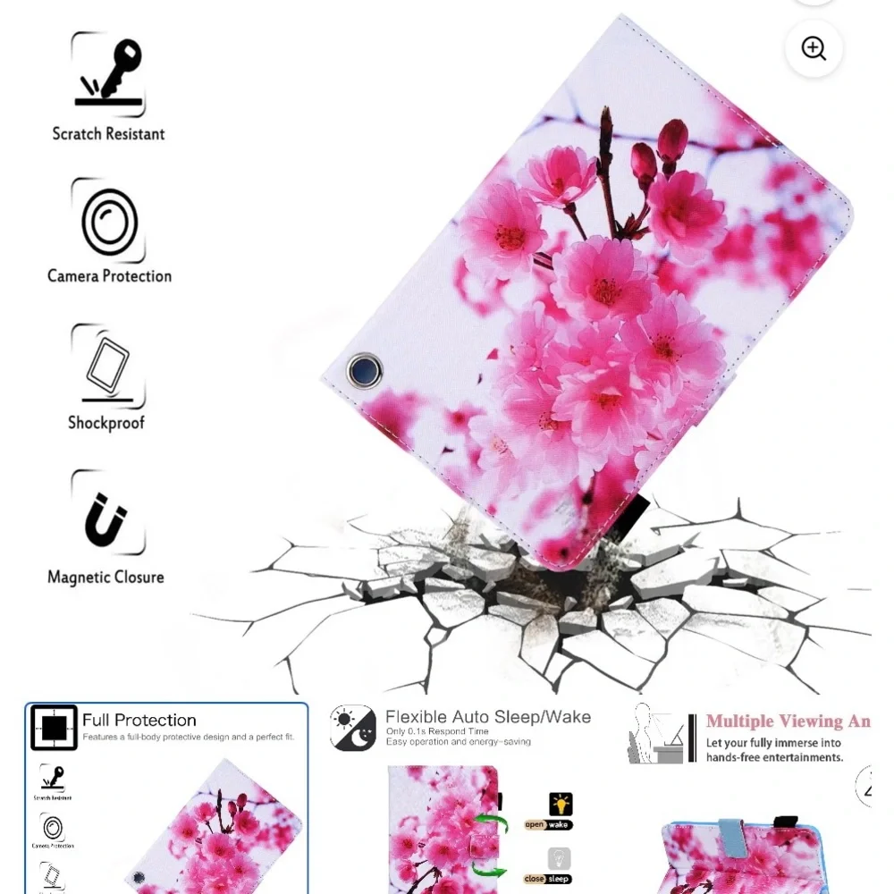 Pink and Blue Folio Tablet Cover with Cherry Blossom Design